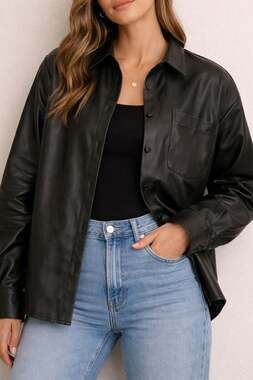 KIRIOUS Women's Black Faux Leather Button Down Shirt Jacket